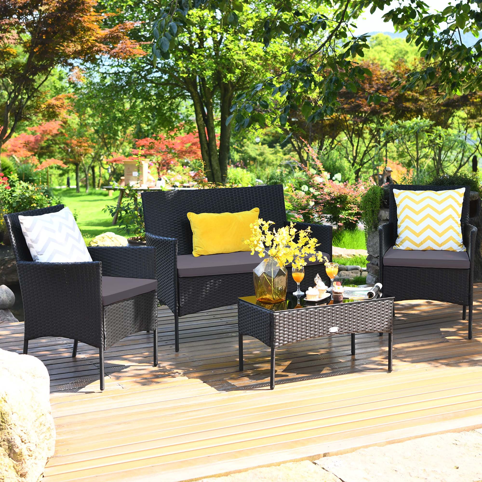Costway 4PCS Patio Rattan Furniture Set Cushioned Sofa Coffee Table Backyard Grey