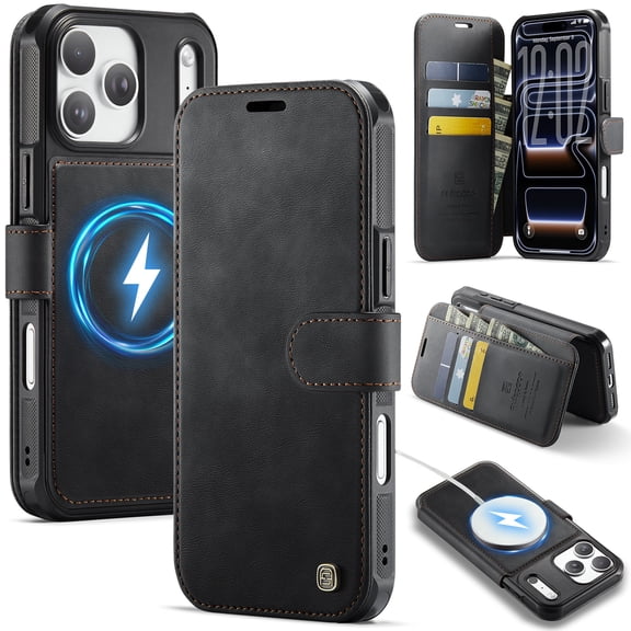 Dteck Magnetic Wallet Case for iPhone 17 Pro Max, Shockproof Leather TPU Card Slots RFID Blocking Case Compatible with Mag Safe Kickstand Flip Cover , Black
