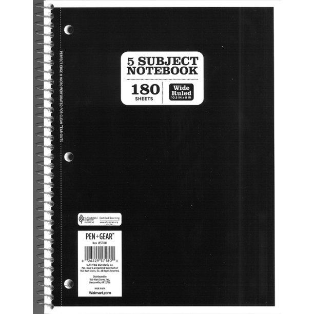 Pen + Gear Spiral Notebook, Wide Ruled, 5 Subject, 180 Pages, 8" x 10.5", Color Choice Will Vary