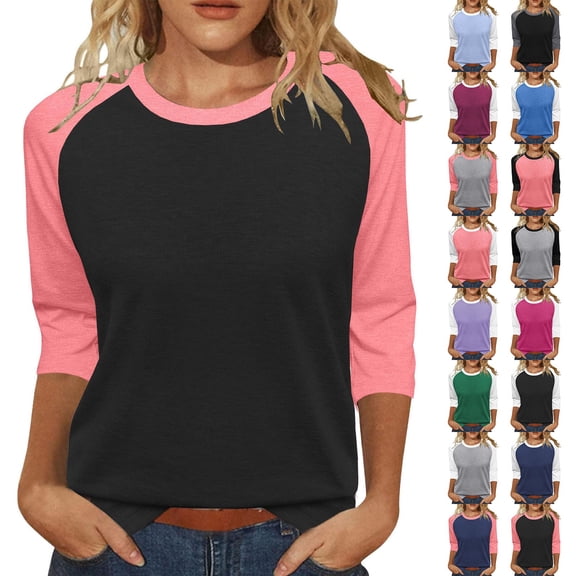 VJGBEGW Womens Tops 3/4 Sleeve Shirts Round Neck Raglan Sleeve Loose Casual Tshirts Color Block Summer Tees Black L