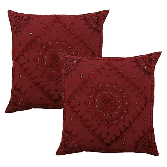 Stylo Culture Indian Sofa Throw Pillow Covers 24 x 24 Big Hand Embroidered Maroon Bohemian 60x60 cm Home Decor Cotton Mirrored Square Cushion Covers | Set Of 2