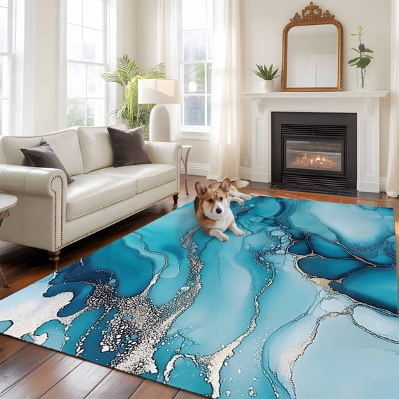 6'x9' Area Rugs, Turquoise Marble Indoor Outdoor Area Rug for Living Room Bedroom, Teal Grey Modern Geometric Washable Bathroom Rugs Kitchen Floor Carpet Mats Home Decor Aesthetic