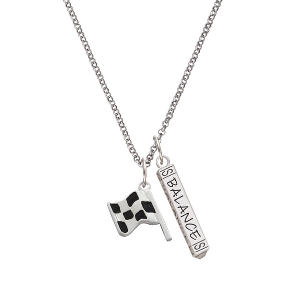 Delight Jewelry Silvertone Checkered Race Flag Silvertone Balance Bar Charm Necklace, 23"