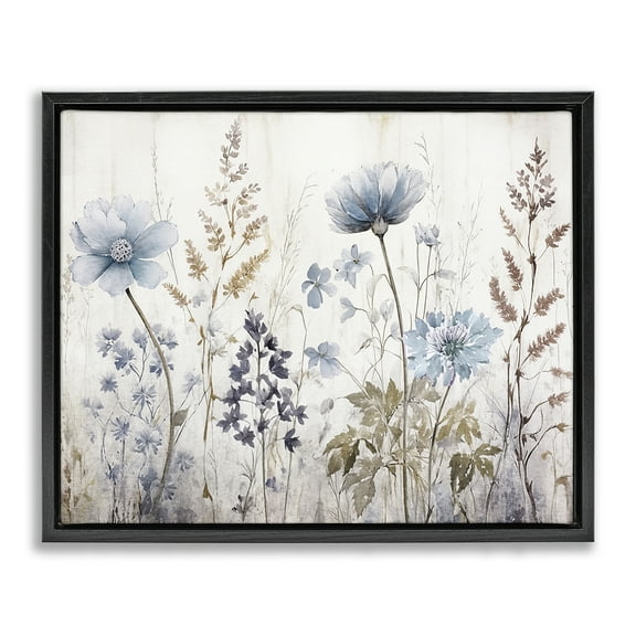 Stupell Industries Blue Nature Blossoms Plants & Flowers Painting Black Floater Framed Canvas Art Print Wall Art, 21 x 17