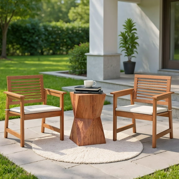 Resenkos Set of 2 Patio Solid Wood Dining Chairs with Cushions and Slatted Seat, Brown