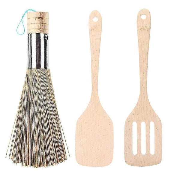 Environmentally Friendly Bamboo Non-Stick Pot Brush Wooden Spatula Kitchen Cooking Tool KitPot Brush + Slotted Spatula + Flat Spatula