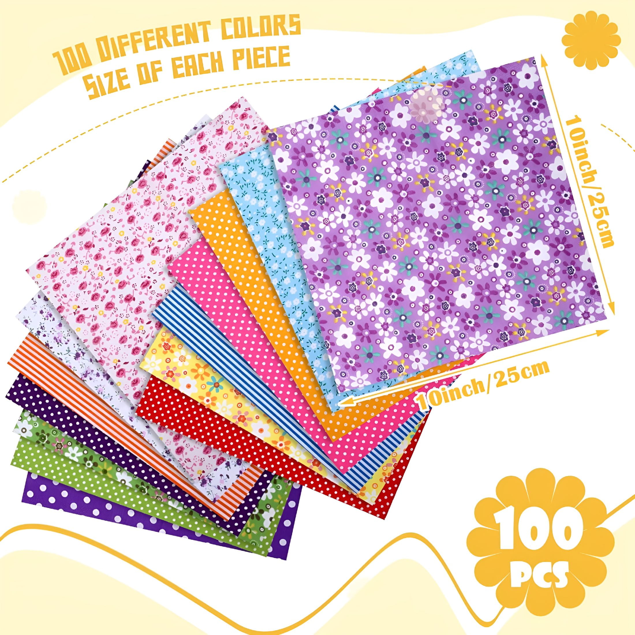 AUQ 100 Pcs 10 x 10 Inch Quilting Cotton Fabric Bundle for DIY Sewing Fabric Precuts Quilt Squares Multi Color Printed Floral Square Patchwork Supplies for Quilting Patchwork,DIY Craft,Scrapbooking