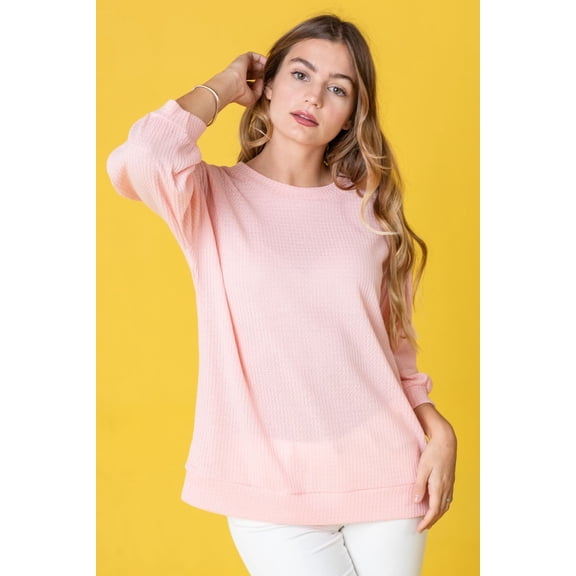 Eloges Women's Solid Pastel 3/4 Sleeve Drop Shoulder Waffle Knit Top