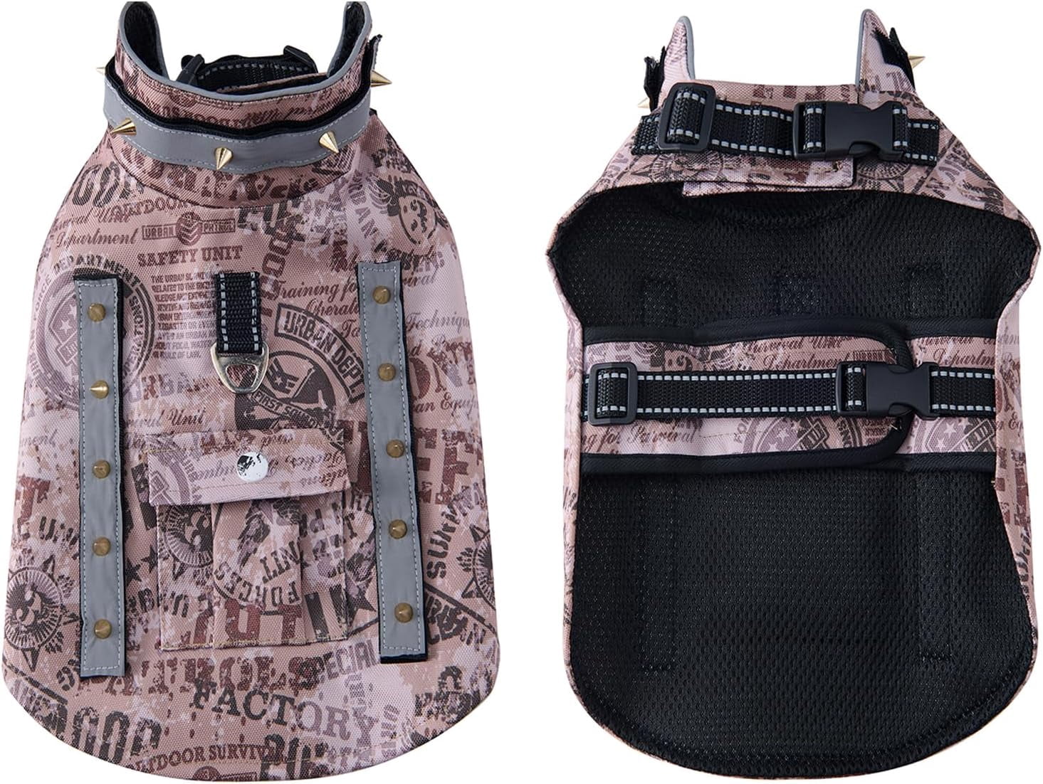 Spiked Small Dog Vest,Reflective Dog Harness Vest with Removable Spikes, Anti-Bite & Predator Protective Dog Jacket with D-Ring & Breathable Linings Brown Pocket XS