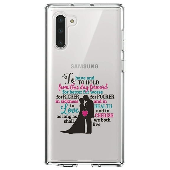 DistinctInk Clear Shockproof Hybrid Case for Samsung Galaxy Note 10 (6.3" Screen) - TPU Bumper Acrylic Back Tempered Glass Screen Protector - To Have & To Hold From This Day Forward