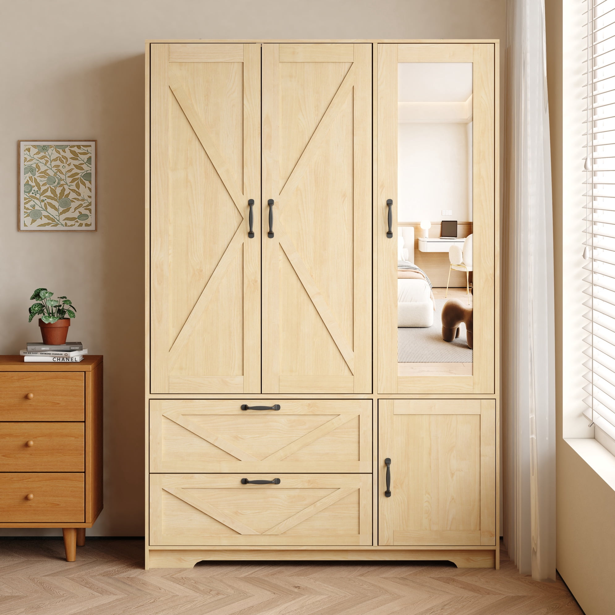 Noble House 4 Doors Wardrobe Closet with Mirror, LED Light and Drawers, Natural