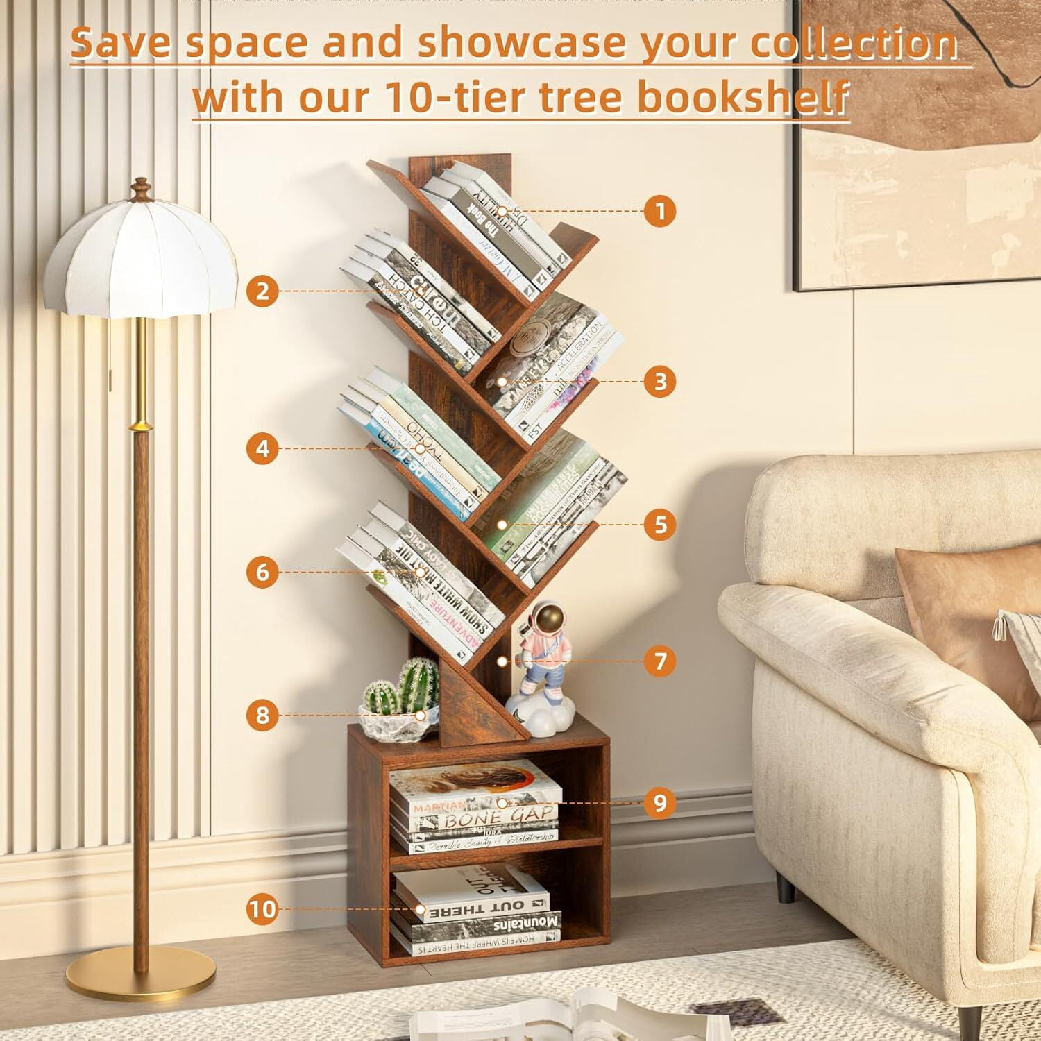 LELELINKY 7-Tier Wooden Bookcase with 2 Shelves, Free Standing Tree Bookshelf for Home Office, Rustic Brown