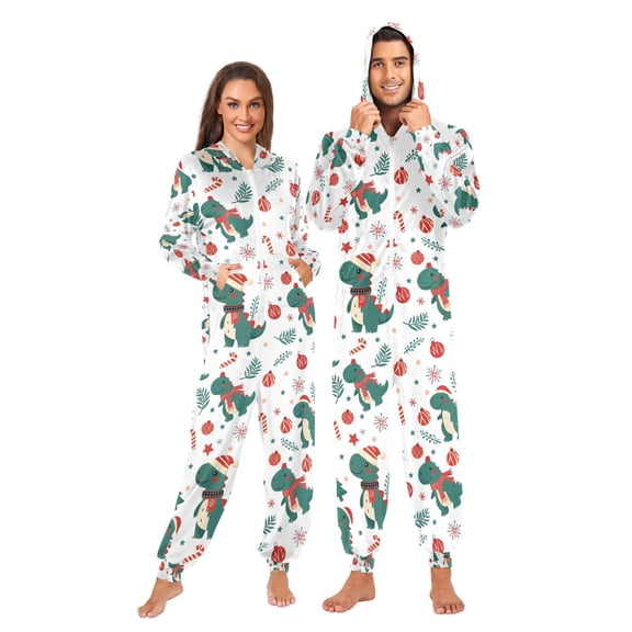 Adult Christmas Onesie Dinosaur Christmas Zipper One-Piece Pajamas Unisex with Pockets