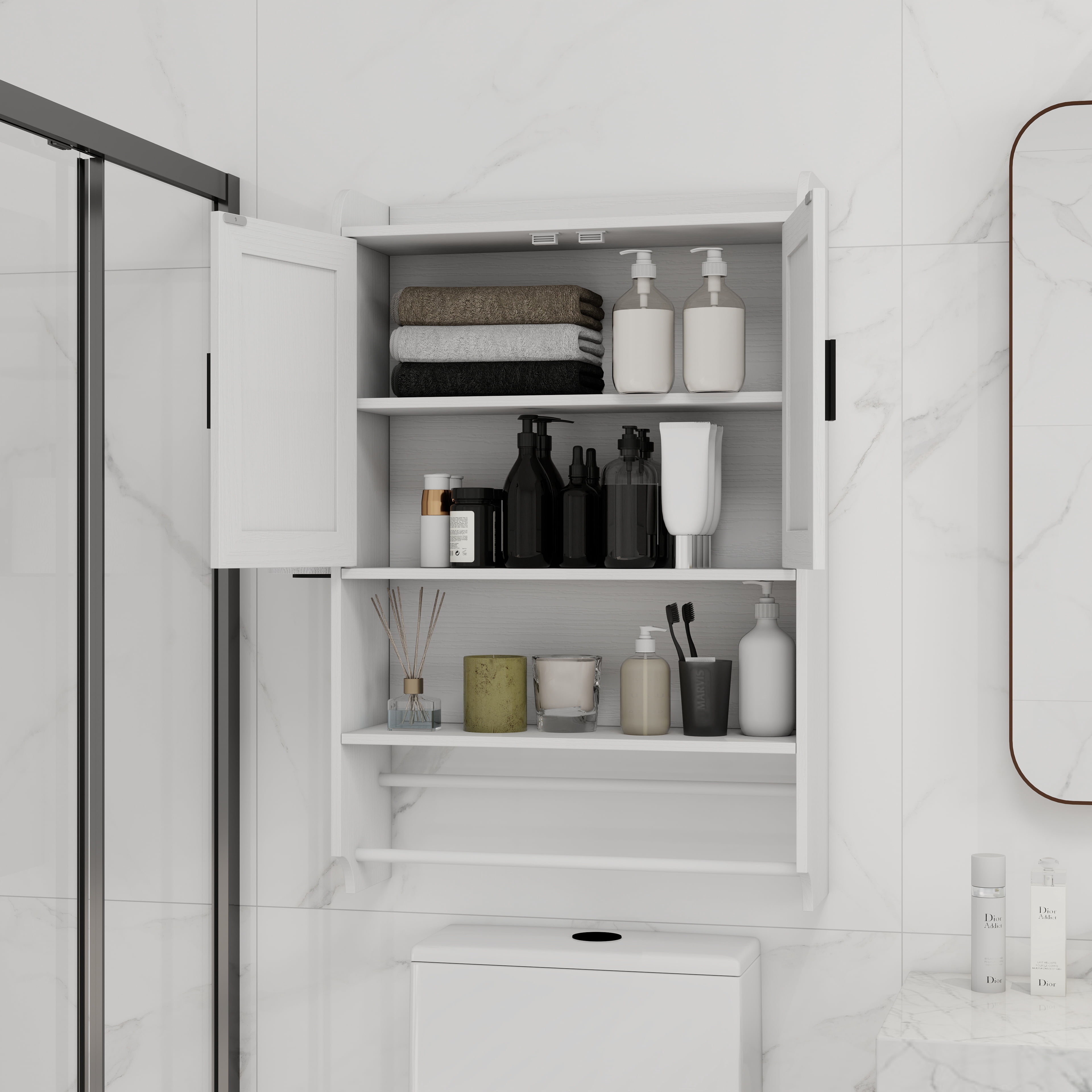 Bathroom 22" Wall Medicine Cabinet with Doors, Adjustable Shelf, Towel Bar and Paper Holder for Bathroom, Living Room, White
