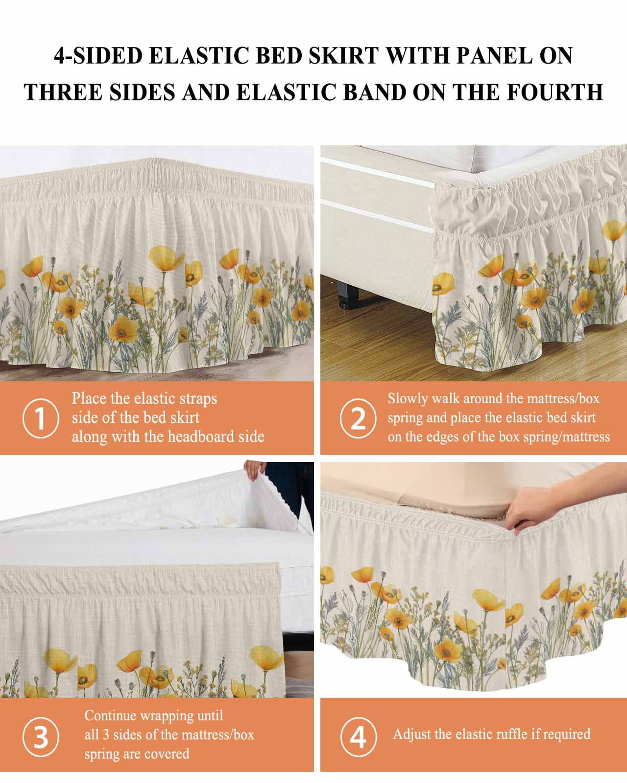 Minimalism Yellow Floral Bed Skirt Queen Size 18" Drop Watercolor Plants Linen Background Ruffled Wrap Around Bed Skirts Adjustable Elastic Bedskirt Dust Ruffle for Queen Size Bed