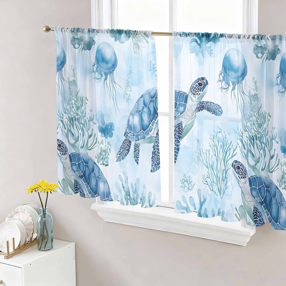 Blue Coastal Turtle Sheer Curtains 54 Inch Length 2 Panels Set, Beach Seaside Coral Jellyfish Voile Window Treatment Rod Pocket Short Kitchen Curtains Drapes for Bedroom 52"x54"x2