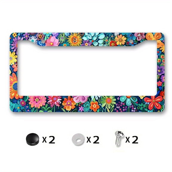 Floral Metal License Plate Frame Cover - 6.3x12.2" Decorative Car Front Plate, Rustproof & Weatherproof, Easy Install Kit Included, Perfect for Room Decor