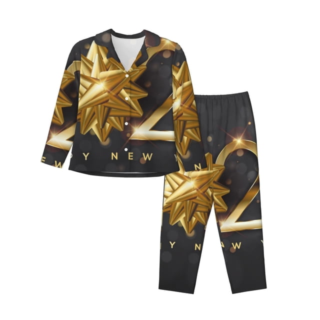 Balery 2025 Happy New Year 1 Conjunto de Pijama con Estampado para Mujer, Conjunto de Dos Piezas con Manga Larga, Ropa de Dormir Suave con Bolsillos, Pijamas Cómodos-Medium
