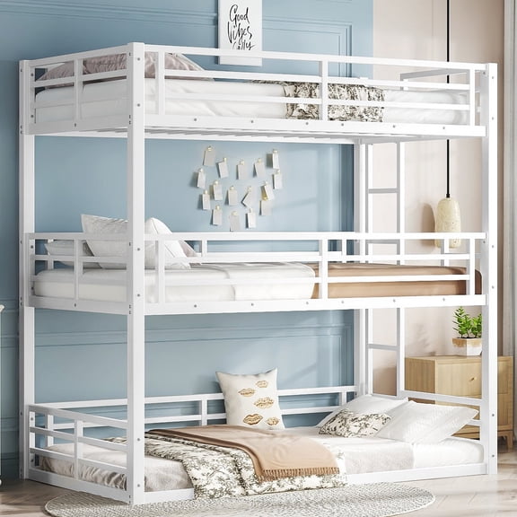 YDSM Twin over Twin over Twin Bunk Bed, Metal Triple Bunk Bed with Safety Guardrails, Heavy-duty Bunk Bed with Noise-reduced Design, White