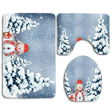 PUDMAD Well-behaved Christmas Snowman 3 Piece Bathroom Rugs Set Bath Rug Contour Mat and Toilet Lid Cover