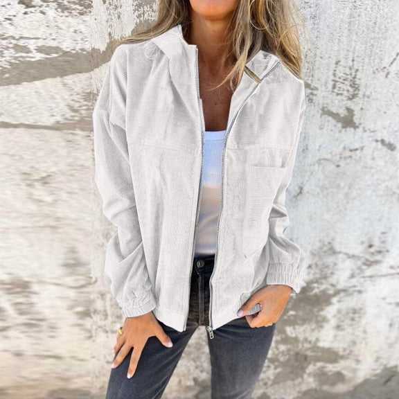 Women’s Fall Solid Color Hooded Corduroy Jacket European Style Lightweight Outerwear plus Size Womens Clothes Women Cute Coats plus Size Women Long Winter Coats Womens Winter Jacket Hood Light Wool