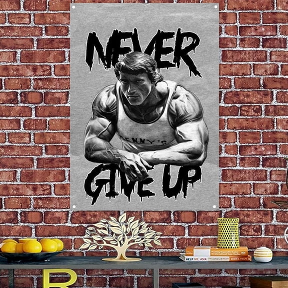NEVER GIVE UP - Muscular Hunk Wallpaper Wall Background Painting Strong Man Bodybuilder Workout Poster Banners Flags Gym Decoration 38" x 57"