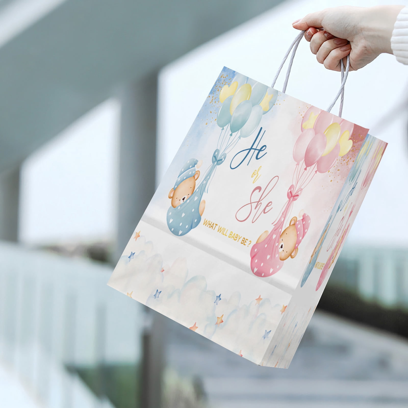20Pcs Bear Gender Reveal Party Favor Bags, He or She What Will Baby Be Blue Pink Baby Shower Watercolor Boy or Girl Cute Cartoon Ballon Sky Decorations