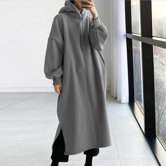 TopLLC Long Sleeve Round-Neck Dress Fashion Women Solid Loose Hooded Comfy Long Sleeve Dress Women Dress
