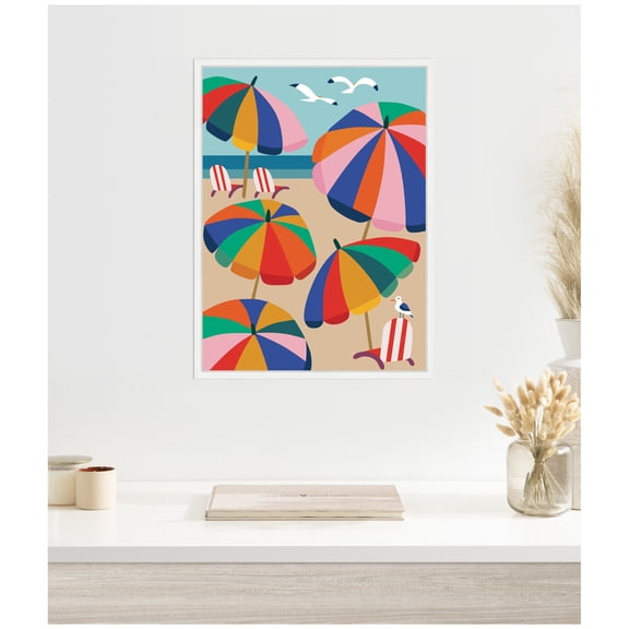 Kate and Laurel Framed Canvas Wall Art Print Coastal Beach Umbrellas by Rachel Lee, 18 x 24 Sylvie White Frame, Coastal, Beach Art for Wall Decor