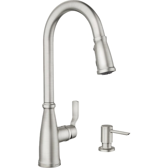 Moen Nolia Spot Resist Stainless One-Handle High Arc Kitchen Faucet with Pull Down Sprayer and Soap Dispenser, Kitchen Sink Faucet Featuring Power Boost Technology, 87071SRS