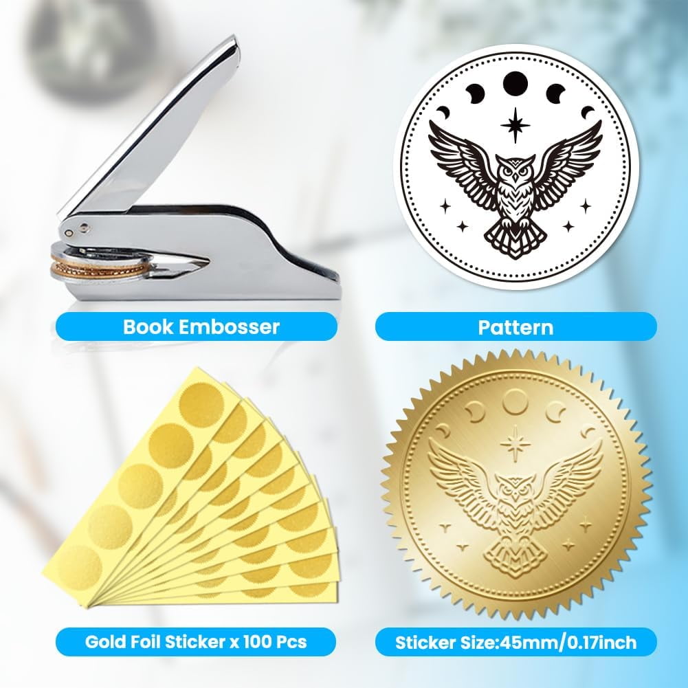 Animal Book Embosser Personalized Owl and Moon Phases Pattern Book Stamp Durable Library Stamp with Handle Set