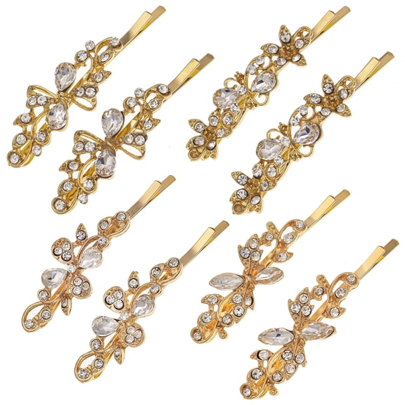 Miallo 8 Pcs Gold Rhinestone Hair Clips Set, Vintage Flower & Butterfly Bobby Pins for Women, Decorative Crystal Hair Slides for Bangs