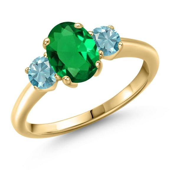 Gem Stone King 10K Yellow Gold Green Nano Emerald and Blue Zircon Engagement Ring for Women | 1.75 Cttw | Oval 8X6MM | Gemstone May Birthstone | Size 7