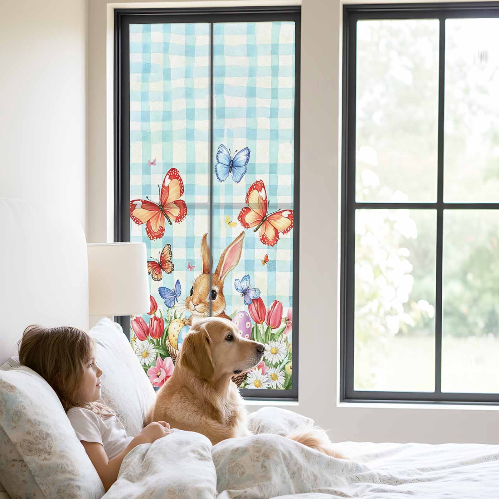 Easter Rabbit Window Privacy Film, Easter Egg Frosted Glass Window Clings Static Cling UV Heat Blocking Reusable Door Sticker for Bathroom 23.6 x 59 Inch