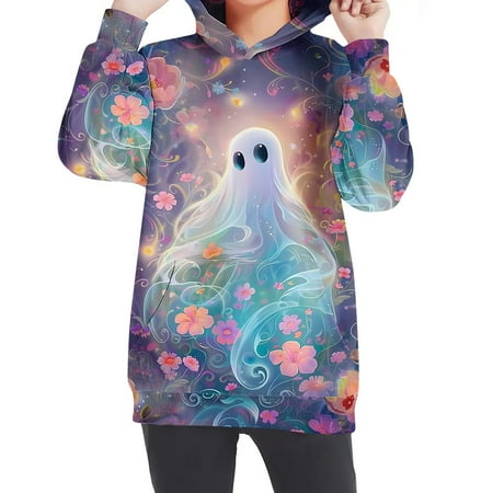 

DOSUKRAI Halloween Hooded Sweatshirts for Kids，Halloween Cute Spooky Print Hoodie Kangaroo Pocket Drop Shoulder Pullover for Boys Girl Fashion Fall s Deals of the Day Clearance Multicolor 9 Years