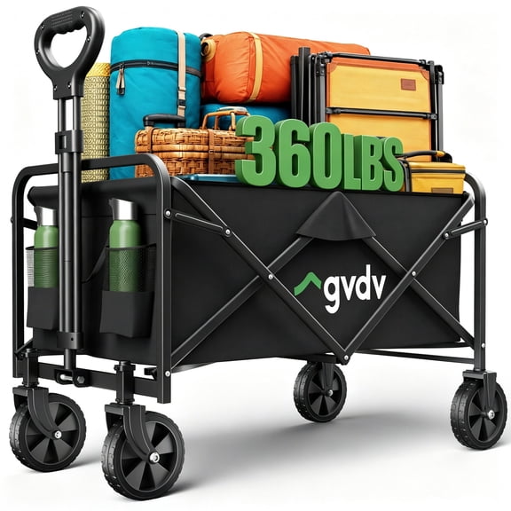 GVDV Collapsible Wagon Carts Foldable, 360lbs Heavy Duty Utility Folding Wagon with All-Terrain Wheels, Portable Beach, Camping, Shopping, Sports, Black