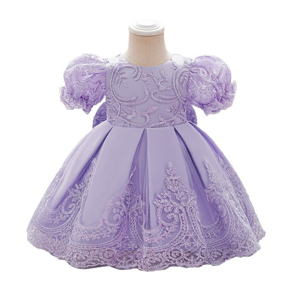 Baby Girl Elegant Lace Dress Toddler Princess Party Gown with Puff Sleeves Embroidered Detailing for Infant Birthday and Formal Events