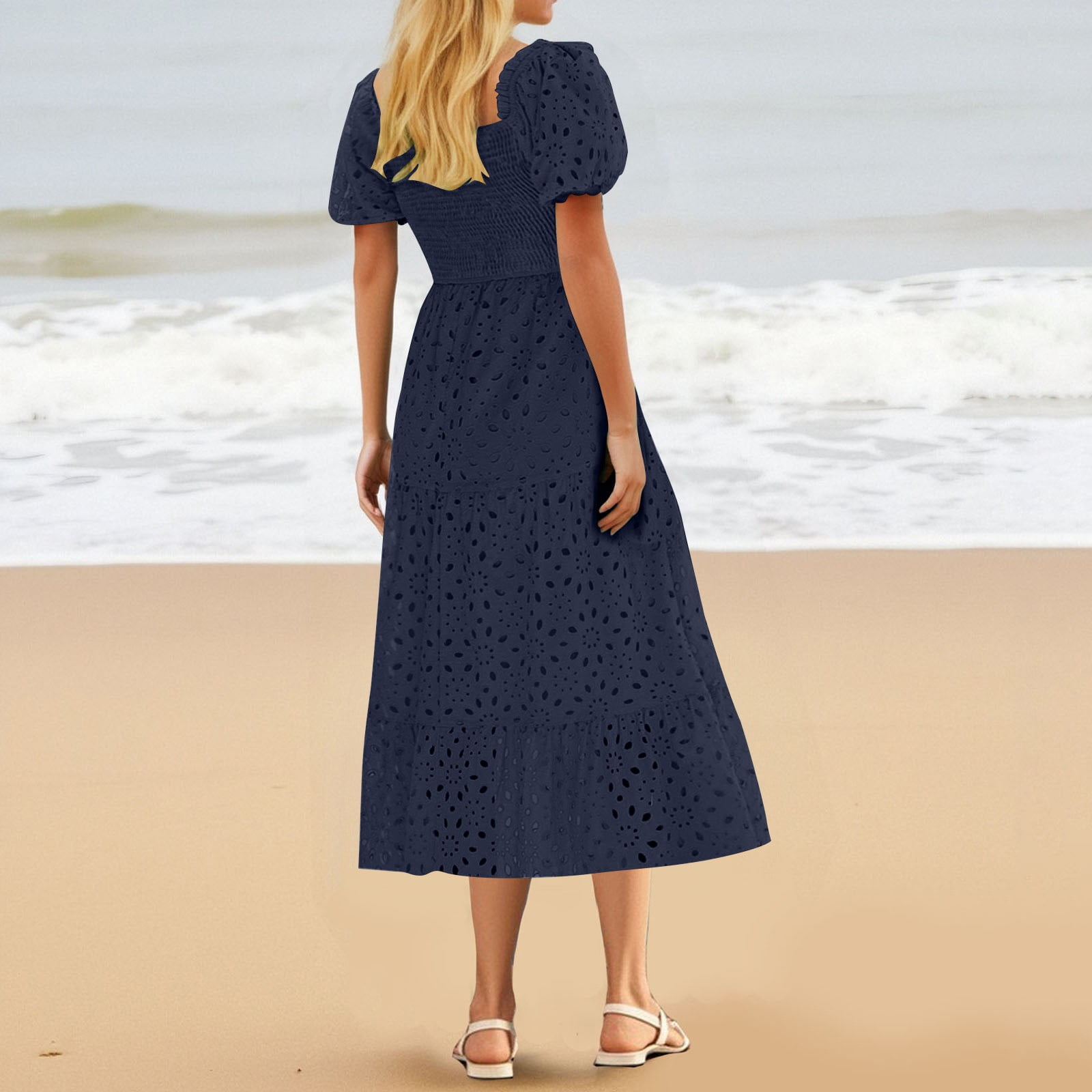 GaThRRgYP Concert Ready Round Neck Dress-Music Festival Essential,Women's Casual Printed Pleated Elastic Waist Sleeveless V-Neck Dress Navy XXL