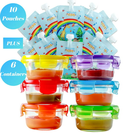 Glass Baby Food Storage Containers & Food Pouches - Set of 6 Baby Food Containers (6 Oz) and 10 Reusable Food Pouches (7 Oz), BPA FREE, Freezer, Microwave Dishwasher Safe, Baby Shower Gifts Girls