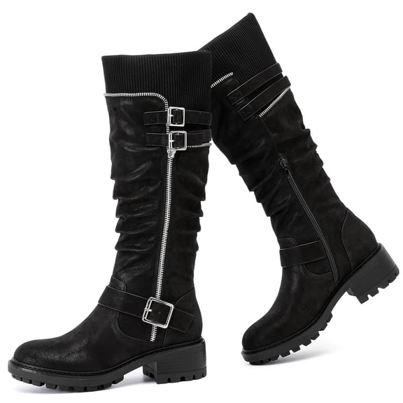 Love Steetly Knee High Boots for Women Comfort Low Heeled Tall Long Boot Round Toe Fall Winter Flat Riding Combat Womens Boots.