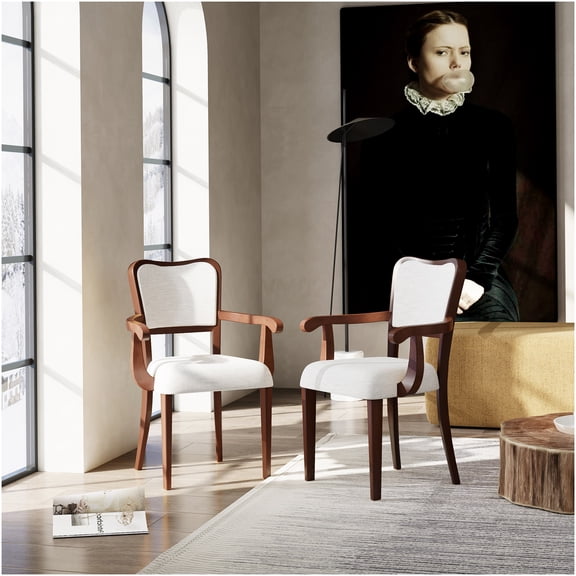 Walnut Finish Upholstered Dining Chairs, Set of 2 Traditional Armchairs with Curved Lines and Beige Fabric Seating for Kitchen or Dining Room