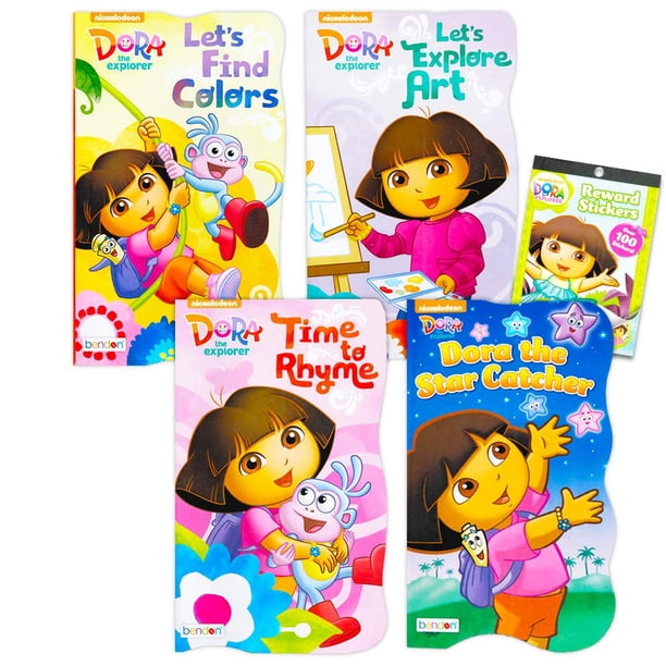 Nickelodeon Dora The Explorer Board Books para niños pequeños ~ Paquete de 4 libros de Dora Board con 300 pegatinas adicionales de Dora The Explorer (libros de tablero Dora)