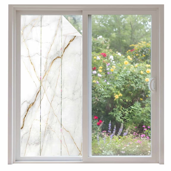 Marble Window Privacy Film, Grey Golden Crack Minimalistic Abstract Static Cling UV Sun Blocking Heat Control Window Tint Day and Night, Non-Adhesive One Way Windows Privacy Cover 35.4''x78.7''
