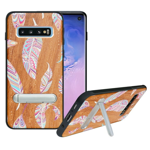 Labanema Samsung Galaxy S10 Plus Case, Samsung Galaxy S10 Plus Cover with Metal Kickstand, Natural Wood TPU Cover, Anti Scratch Case for Samsung Galaxy S10 Plus (Feather)