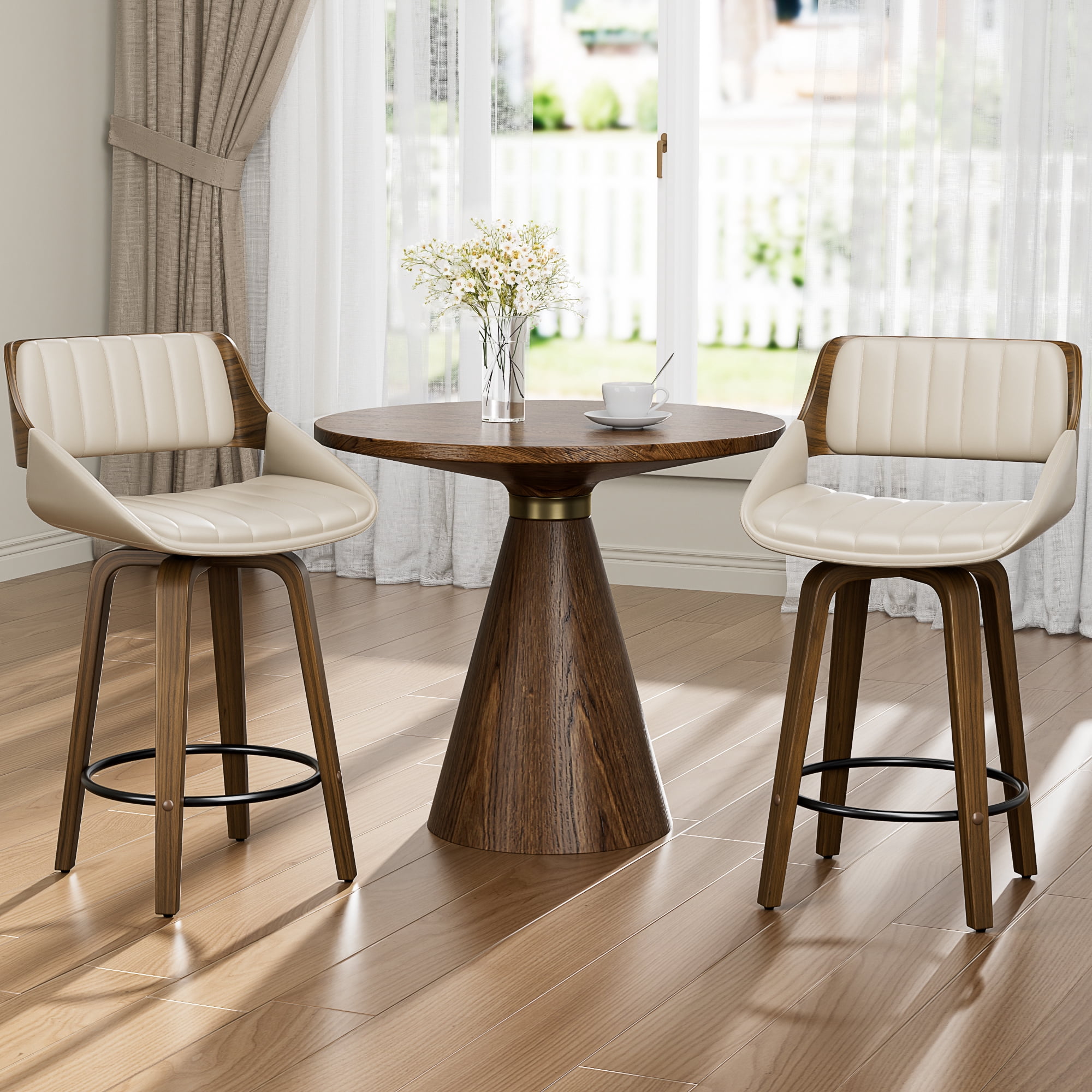 LainTene 26" Swivel Counter Height Bar Stool with Walnut Bentwood Frame, Faux Leather Seat & Footrest, Mid-Century Modern Chair for Kitchen Island, Bar, or Café (Set of 4)