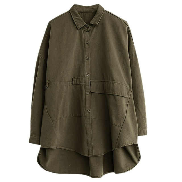 GreatBaby Ladies' Fall Winter Blouses Leisure Long Sleeved Standup Collar Rib-Knit Cuffs Shirts with Buttons Solid Color Comfy Linen Tops(Green#1,L)