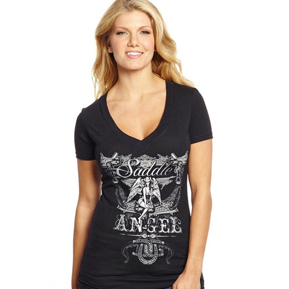 Cowgirl Up Womens Black Cotton S/S T-Shirt Saddle Angel V-Neck XL
