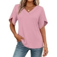 thumbnail image 6 of HomeDM Womens Petal Short Sleeve T Shirts, V Neck Solid Color Loose Fit Basic Tee for Women Summer - Pink/M, 6 of 7