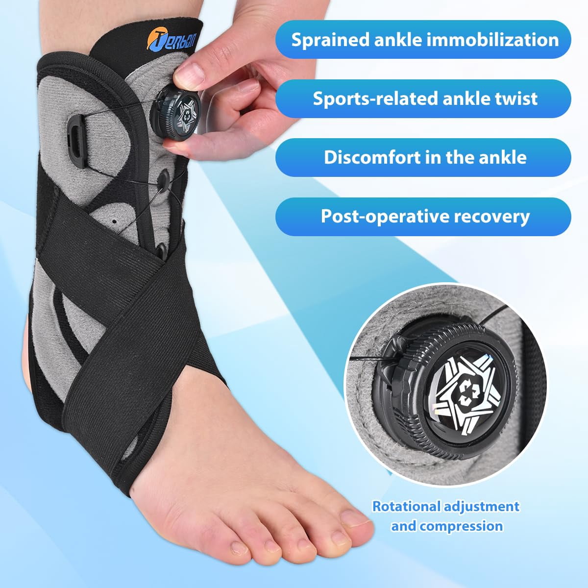 Tenbon Ankle Support Brace for Men and Women Adjustable Knob Ankle Brace for Plantar Fasciitis and Tendonitis - for Sports, Fitness, Injury Recovery, Sprain, 1PCS (Medium)