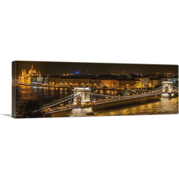 ARTCANVAS Budapest Capital of Hungary Chain Bridge and Parliament Night View Panoramic Canvas Art Print - Size: 36" x 12" (1.50" Deep)